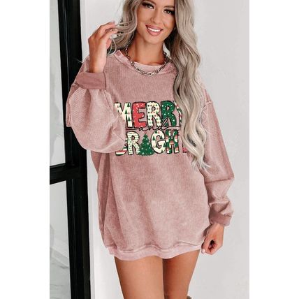 Pink MERRY and BRIGHT Christmas Tree Print Ribbed Sweatshirt
