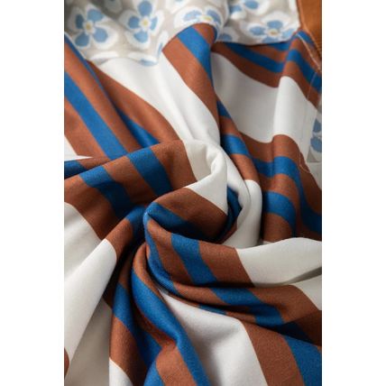 White Striped Floral Printed Patchwork Lantern Sleeve Blouse