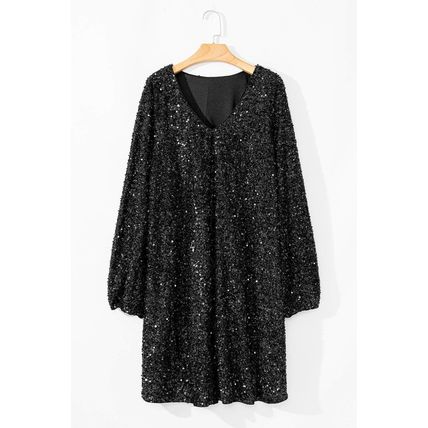 Color black Plus Size Bubble Sleeve V Neck Sequin Dress