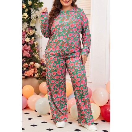 Green Plus Size Printed Long Sleeve and Pants Lounge Set