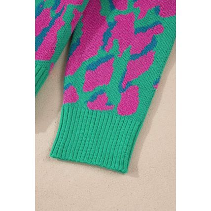 Green Abstract Print Ribbed Trim Baggy Sweater