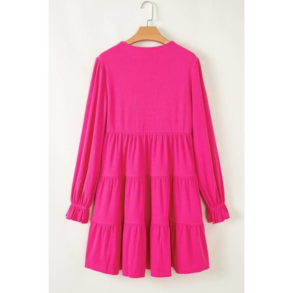 Rose Red Colorful Crochet V Neck Textured Tiered Ruffled Long Sleeve Mini Dress