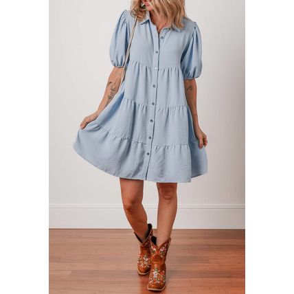 Beau Blue Shirt Collar Button Up Short Puff Sleeve Tiered Shift Dress