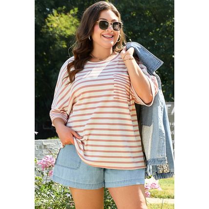 Pink Stripe Waffle Knit Pocketed Half Sleeve Plus Size T Shirt