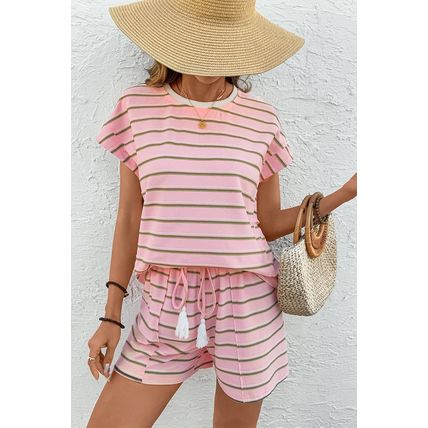 Pink Stripe Wide Short Sleeve Tee and Short Set