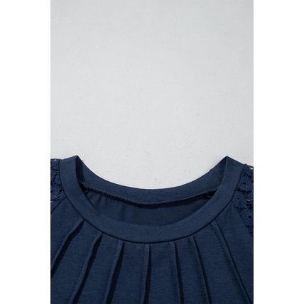 Navy Blue Contrast Lace Raglan Sleeve Pleated Detail Shift Dress