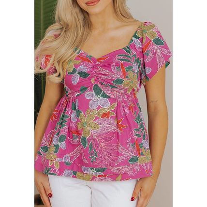 Purple Floral Print Sweetheart Neck Flutter Sleeve Blouse