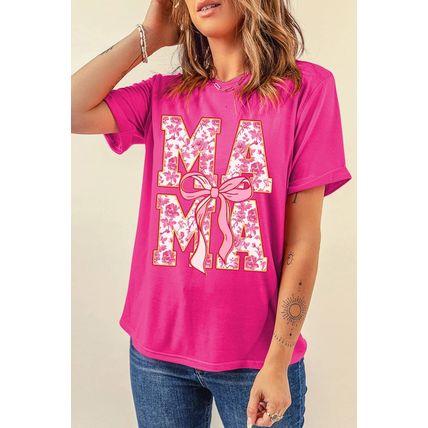 Rose Red Floral MAMA Lettering Bow Print T Shirt