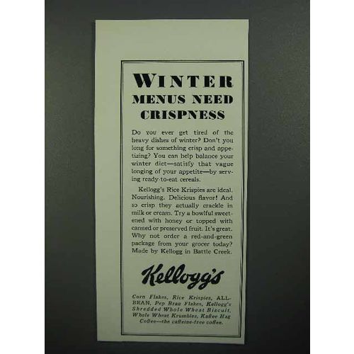 1930 Kellogg's Rice Krispies Ad - Winter Need Crispness
