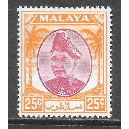 SELANGOR SULTAN ALAM SHAH MALAYA 1949 KG6 25c SG103 PURPLE ORANGE MINT HINGED