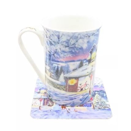 Christmas Scene Mugs & Coaster Set (Set of 2) Ceramic Tableware Festive 10.5 CM
