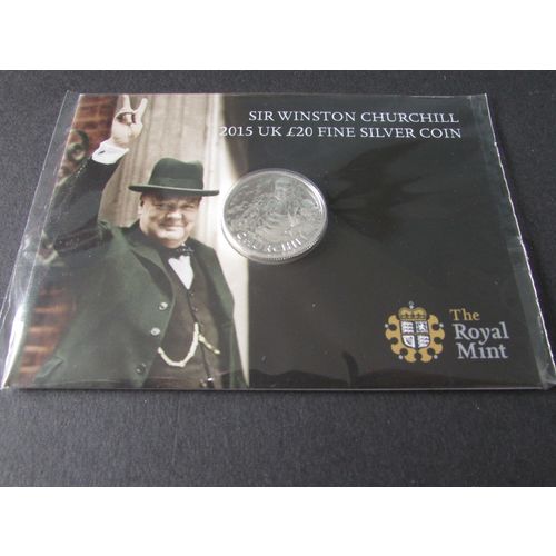 2015 QUEENN ELIZABETH II / SIR WINSTON CHURCHILL FINE SILVER £20 POUND COIN.