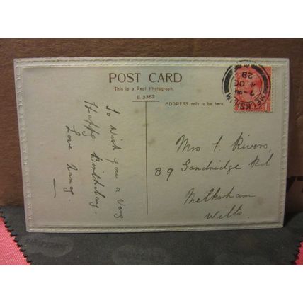 a BIRTHDAY WISH .used vintage postcard RP 1928 pm CHILD WITH BULLDOG