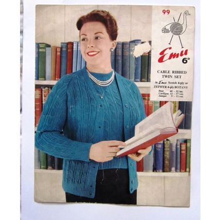 EMU Cable Ribbed Twin Set knitting pattern 99 Zephyr Botany 4 ply 40 -52 ins