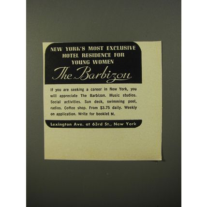 1954 The Barbizon Hotel Ad - New York's most exclusive hotel residence