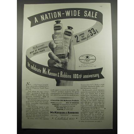 1933 McKesson & Robbins Milk of Magnesia Tooth paste Advertisement