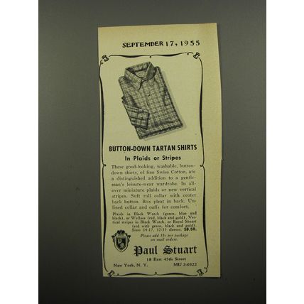 1955 Paul Stuart Shirts Ad - Button-down tartan shirts in plaids or stripes