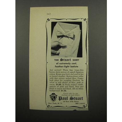 1955 Paul Stuart Shirts Ad - The shirt of extremely cool, feather-light batiste