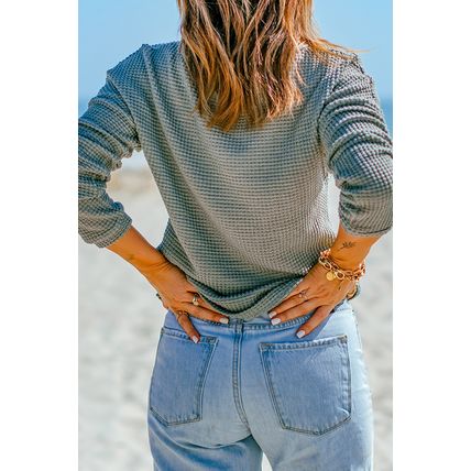 Green Waffle Knit Drop Shoulder Long Sleeve Top