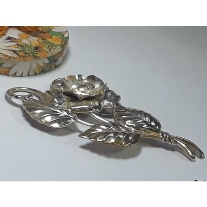 Vintage 3 1/4" X 1 3/4" Flower & Leaf Sterling Silver Brooch #19439