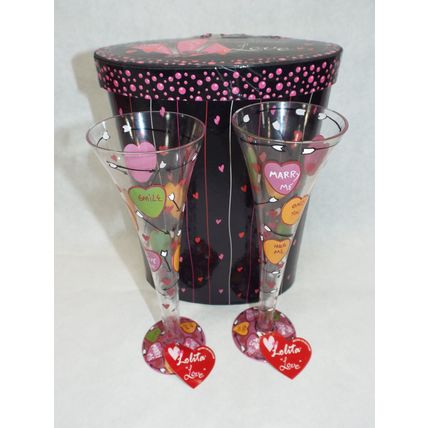 Mint Condition Lolita Hand Painted Champagne Flutes " Love " Set of Two