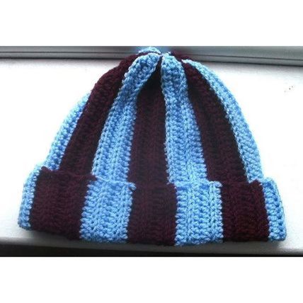 Handmade Crochet Beanie Hat in claret & blue acrylic yarn, Adult Unisex