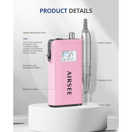 AIRSEE Rechargeable 30000RPM Electric Nail Drill Professional Portable E File Ma