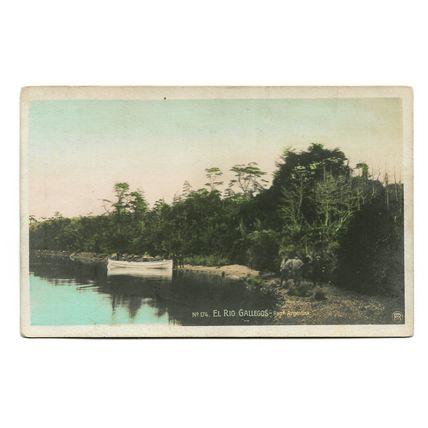 Postcard Argentina El Rio Gallegos river small boat men unposted