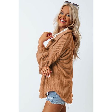 Brown Waffle Knit Button Up Casual Shirt