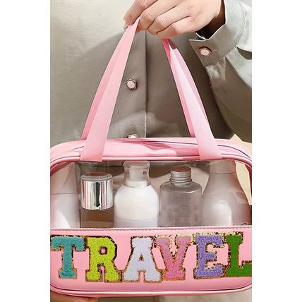 Light Pink TRAVEL Chenille Letter Clear PVC Makeup Bag