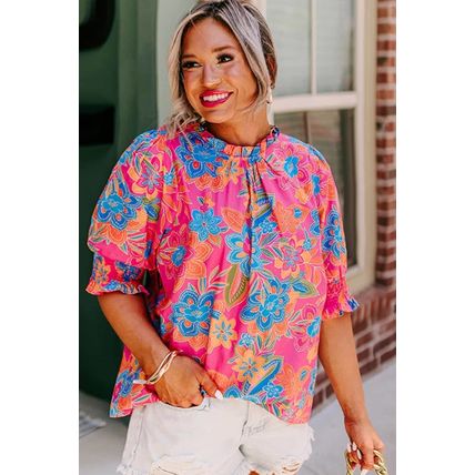 Rose Plus Floral Print Frilly Neck Puff Sleeve Blouse