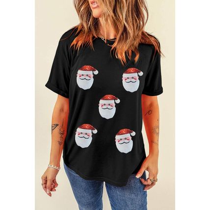 Black Sequin Christmas Claus Pattern Crewneck T Shirt