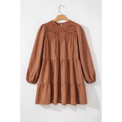Chestnut Floral Lace Crochet Tiered Ruffled Mini Dress