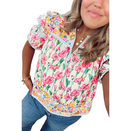 Pink Plus Size Floral Print Striped Trim V Neck Blouse