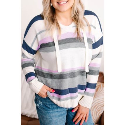Plus Size Striped Hooded Knit Sweater