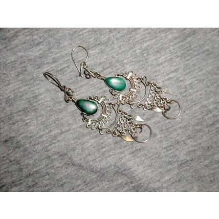 Fabulous delicate vintage Peruvian dark green turquoise wire cascade earrings