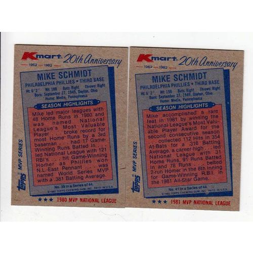 Two 1982 Kmart Mike Schmidt baseball cards #39, #41 -NM- Phillies- Oddball