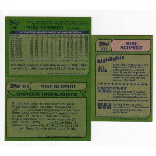 Three 1982 Topps Mike Schmidt baseball cards #100, 101, 339 -HOF- Phillies
