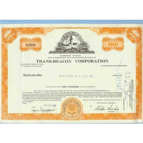 DE na Stock Certificate Company: Trans-Beacon Corporation ~87