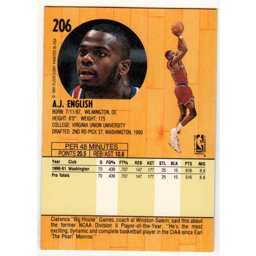 1991 Fleer Basketball card 206 A.J. English - Bullets