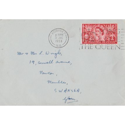 GB 1953 cover Hornsey to Swansea with 2.5d Coronation stamp