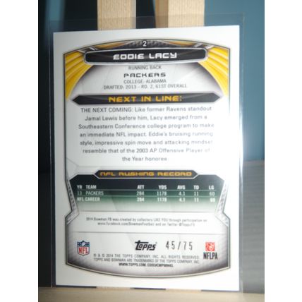 2014Topps Bowman EDDIE LACY (Packers) Gold Border #2 (45/75)