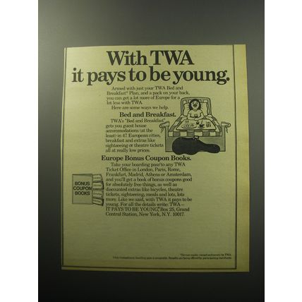 1973 TWA Airlines Bed and Breakfast Plan Ad - With TWA it pays to be young