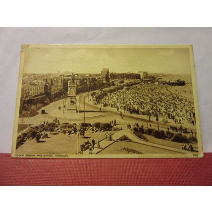 CLOCK TOWER & SANDS, MARGATE, KENT used vintage postcard by A H & S. 1953 pm =