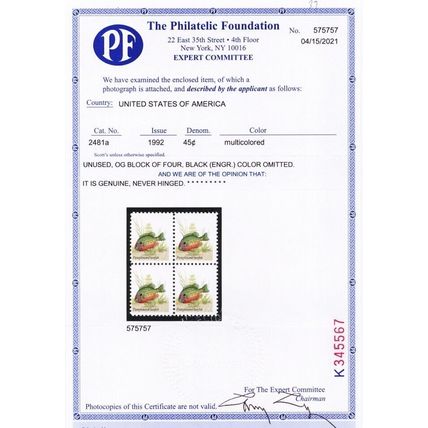 2481a, MNH 45¢ Block - Black Eng Color Omitted PFC Certificate - Stuart Katz