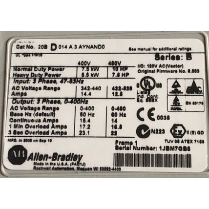 ALLEN BRADLEY 20BD014A3ATNAND0 POWERFLEX 700 AC DRIVE UNIT,20B D014A3 ATNAND0,AN