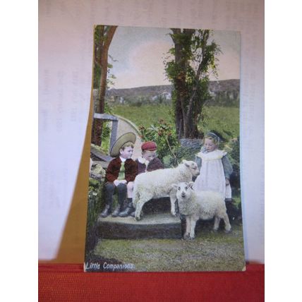 LITTLE COMPANIONS, CHILDREN AND SHEEP unused antique postcard by J.W.B. =