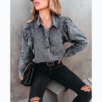 fashion street style denim shirt lady Autumn and winter lapel casual