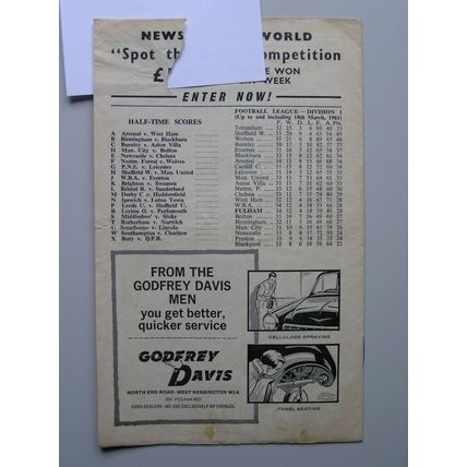 FULHAM v TOTTENHAM HOTSPUR (Double Season) Div1 25/03/1961