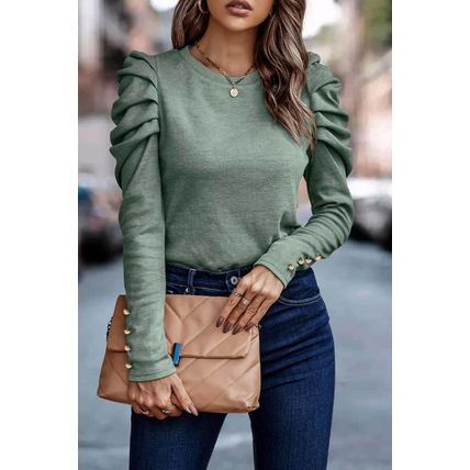 Green Buttoned Puff Long Sleeve Sheath Top
